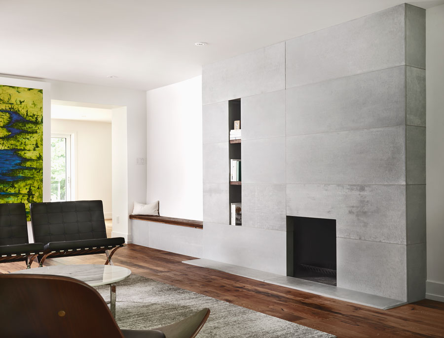 Concrete Fireplace Surround with Distressed Concrete Panels, Bench and Shelves