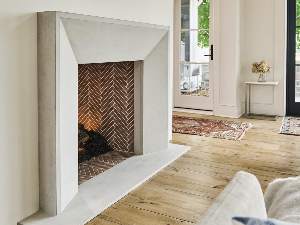 cement fireplace dining room