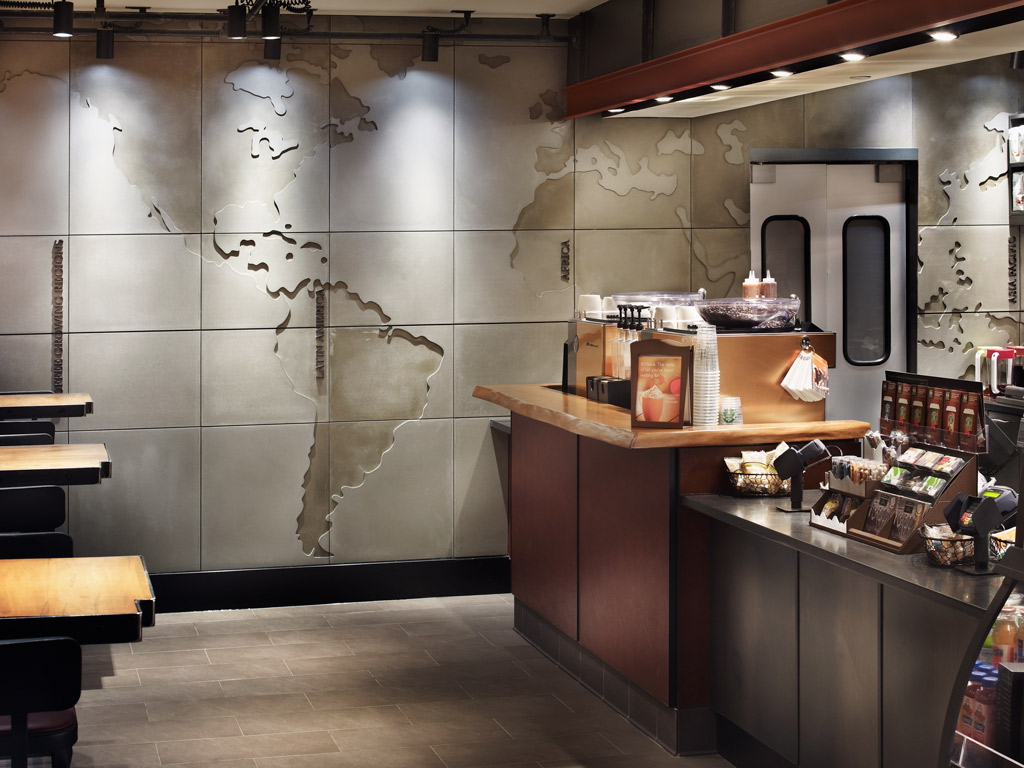 feature wall panels Starbucks world map Toronto