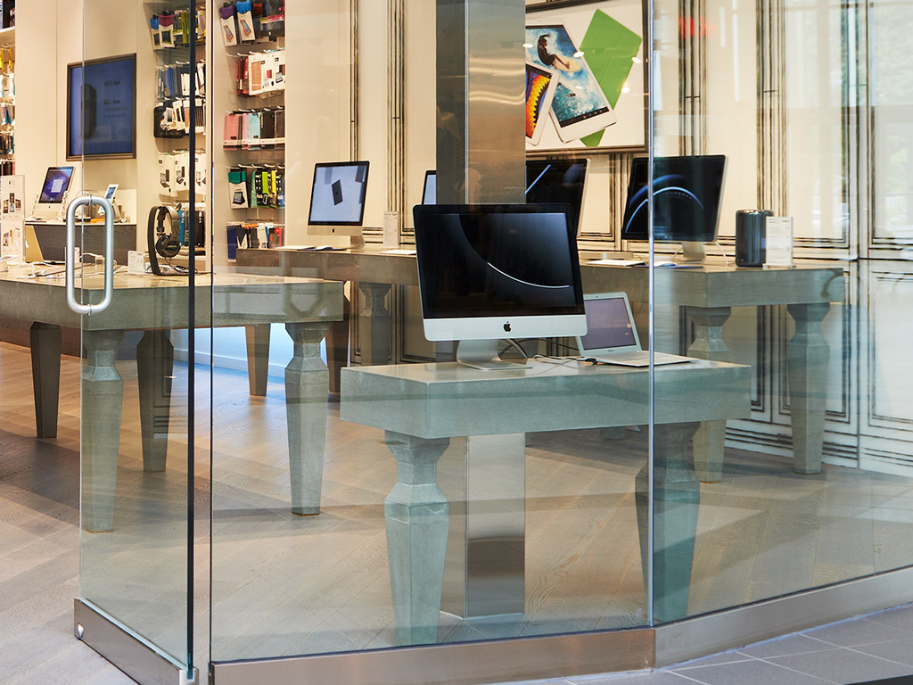 front of shop view of Mac outpost table tops with concrete retail display tables